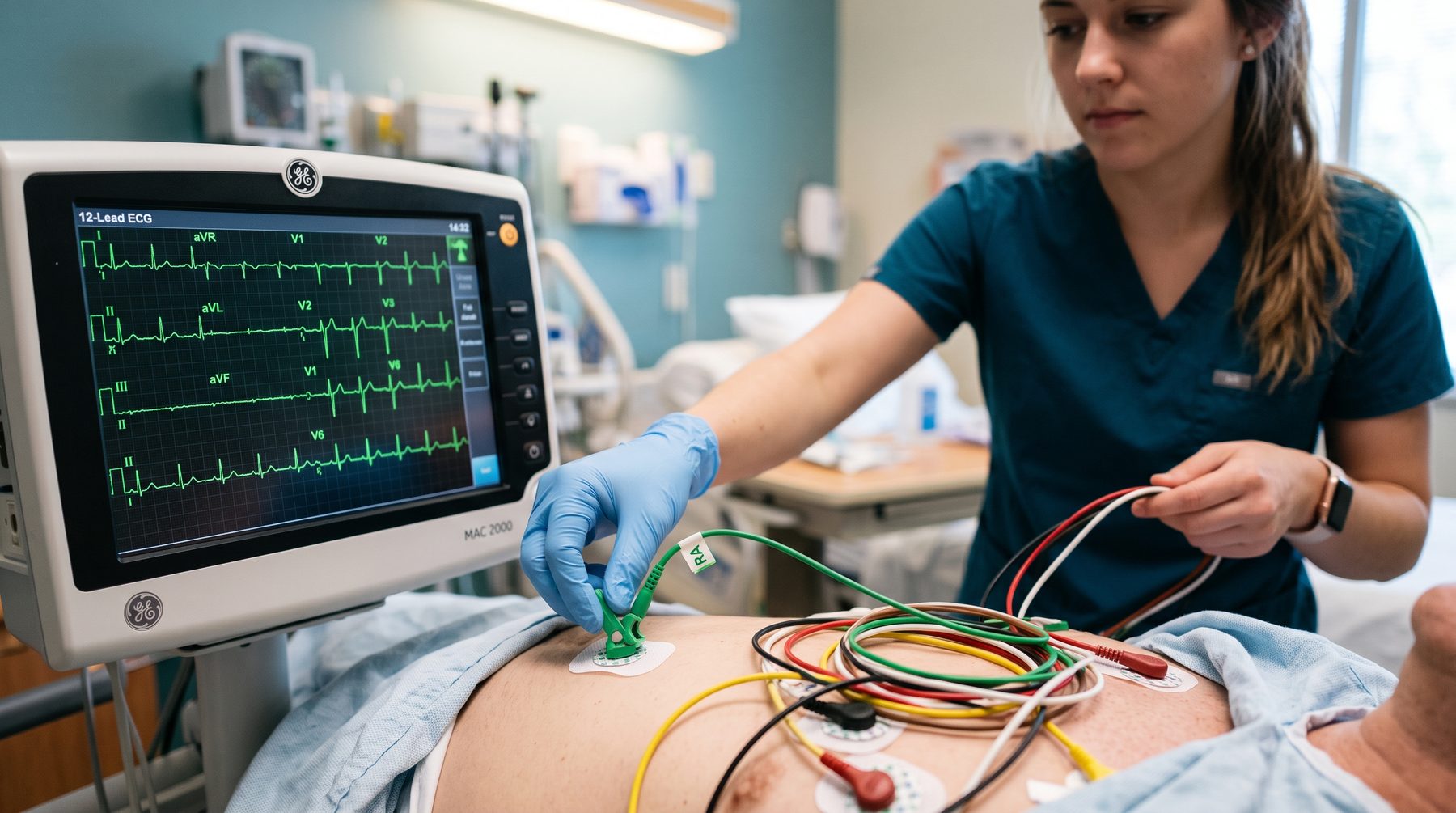 A 12-lead ECG monitor displaying a rhythm tracing while a technician connects lead wires.