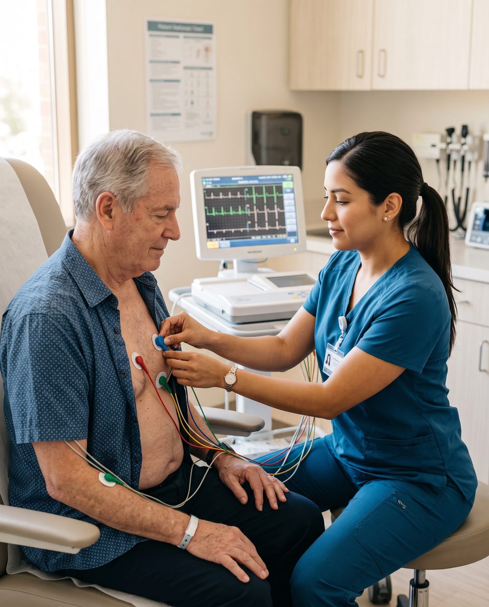 A technician in teal scrubs placing precordial EKG electrodes on a seated patient.