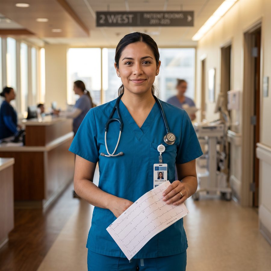 An EKG technician in scrubs holding a rhythm strip in a hospital corridor.